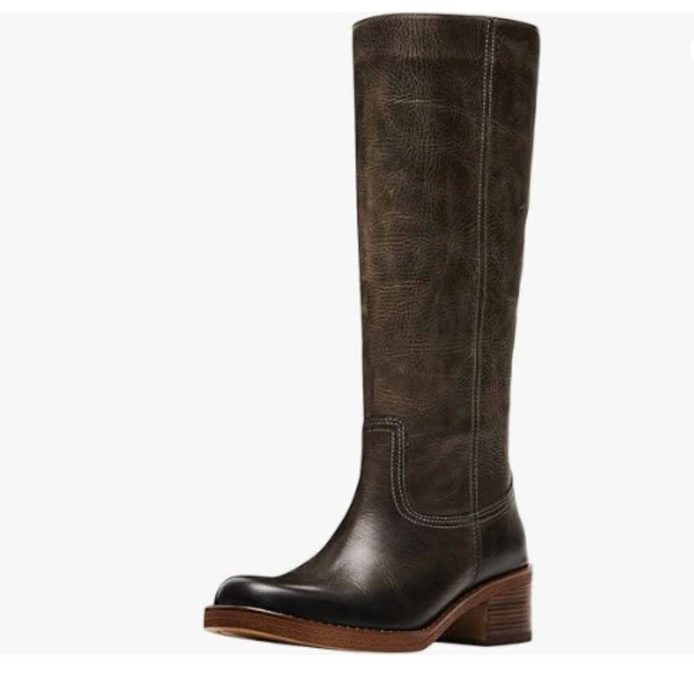 FOWT Women Platform Round Toe Calf High Boots Chunky Block Low Heel Boot Brown